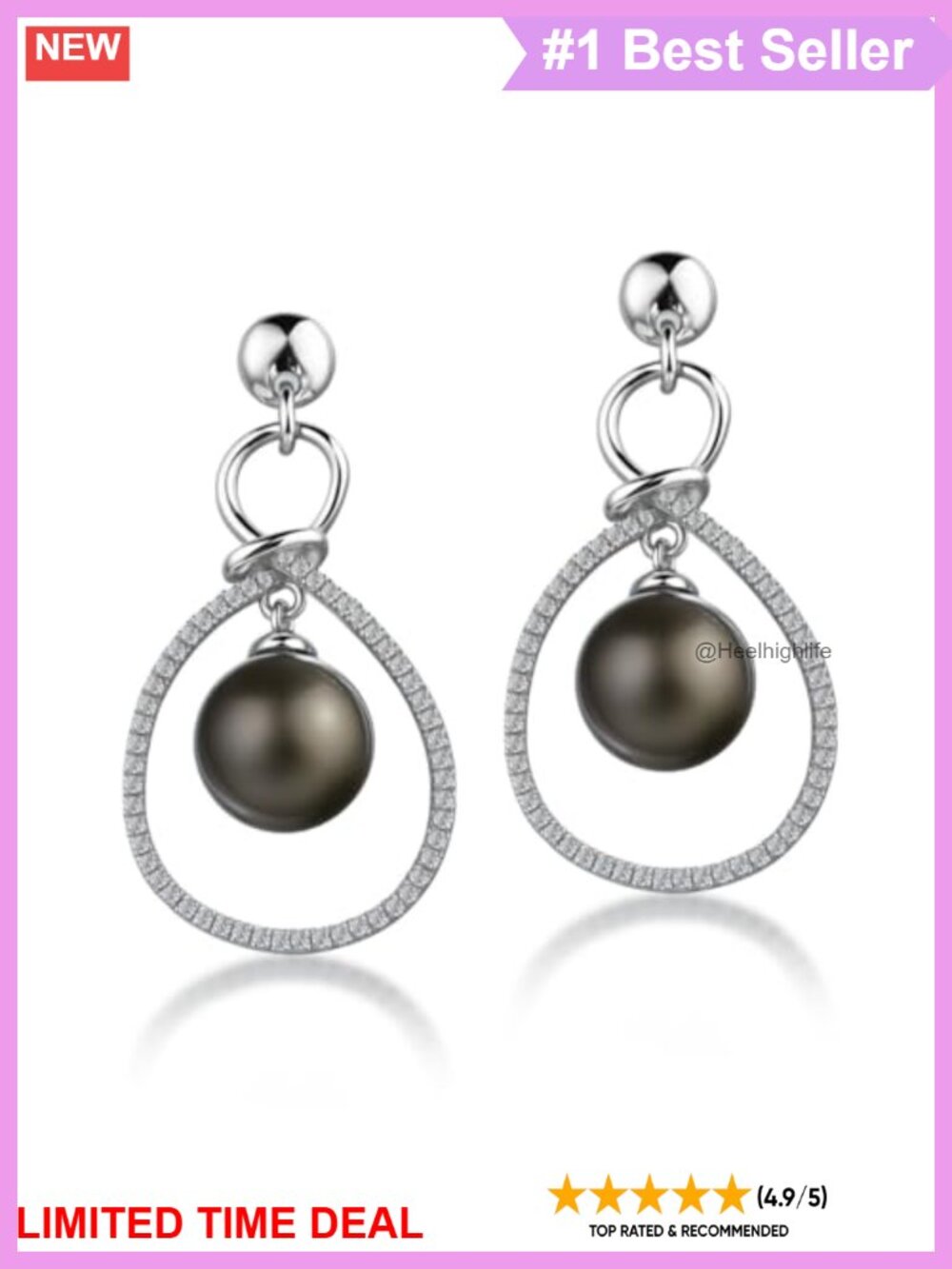 Tahitian Black Pearl Moissanite Drop Earrings Sterling Silver